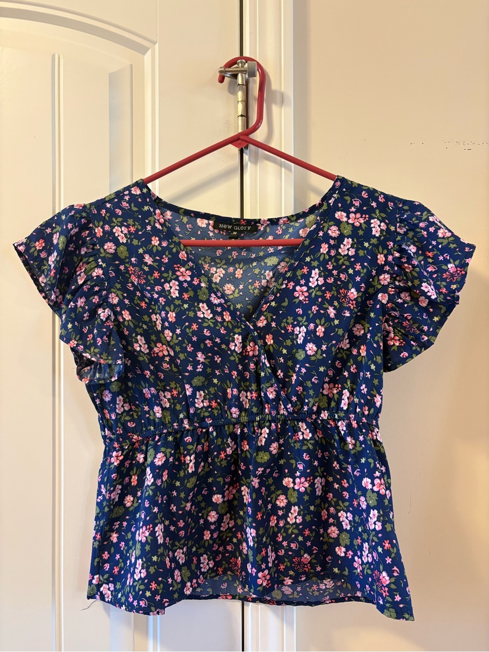 New Glory Navy Floral V-Neck Ruffle Sleeve Peplum Top